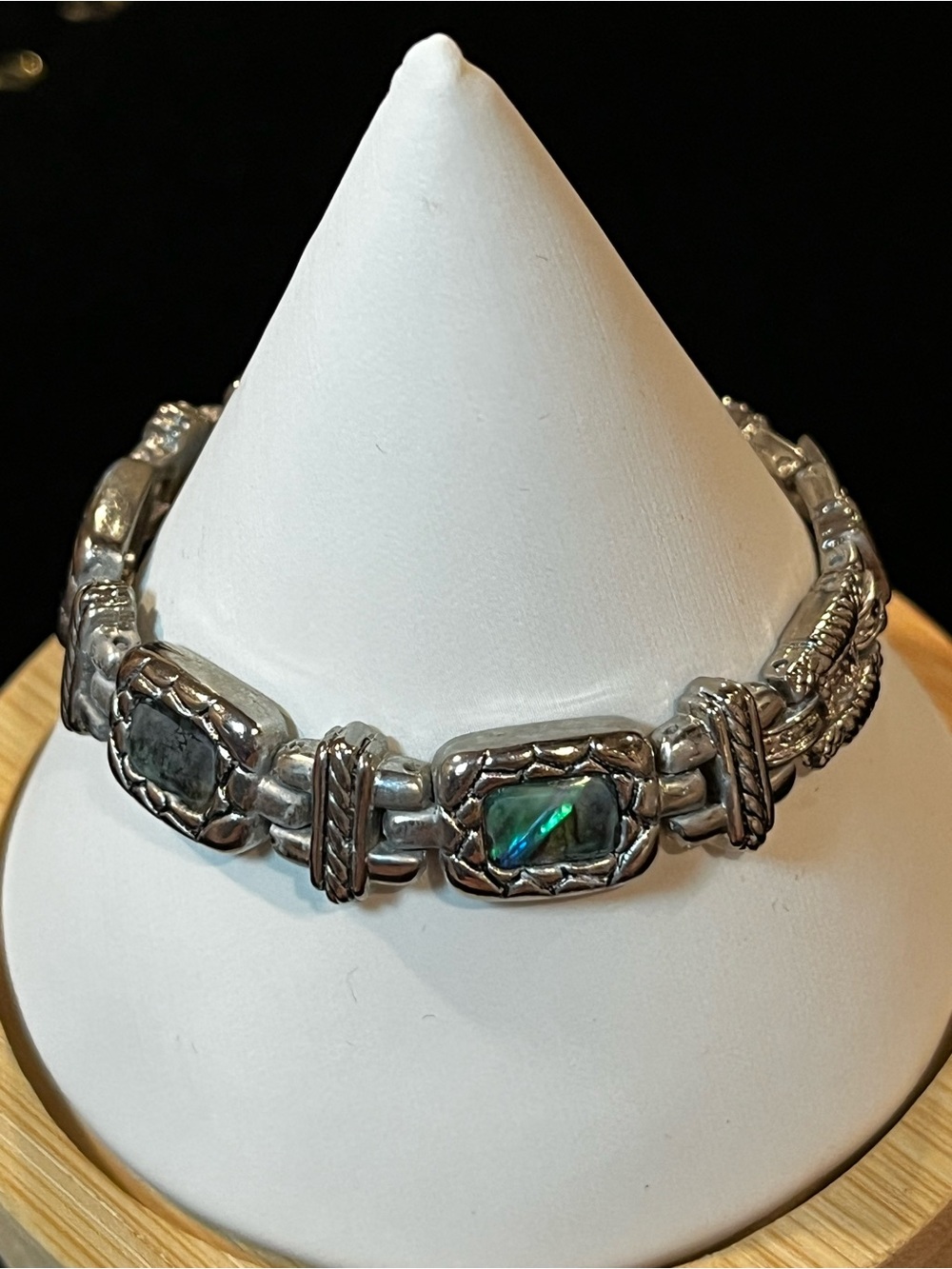 Abalone Inlay Bracelet - Silver Tone Green Accents